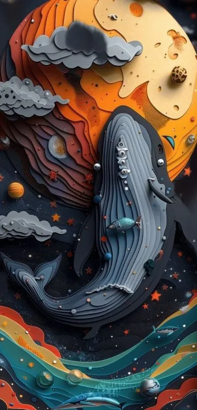 Whale with planets in a vibrant space art scene.