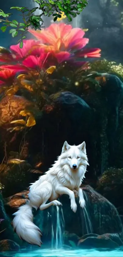 White wolf with bright flowers in a mystical forest wallpaper.