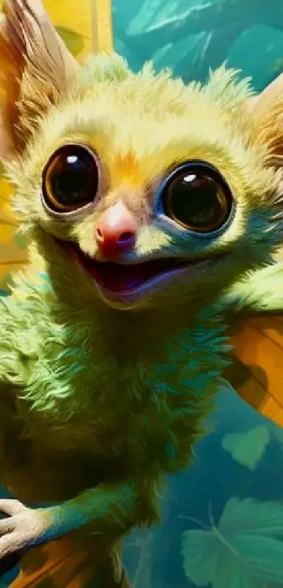 Whimsical creature with green fur and yellow wings on a colorful background.