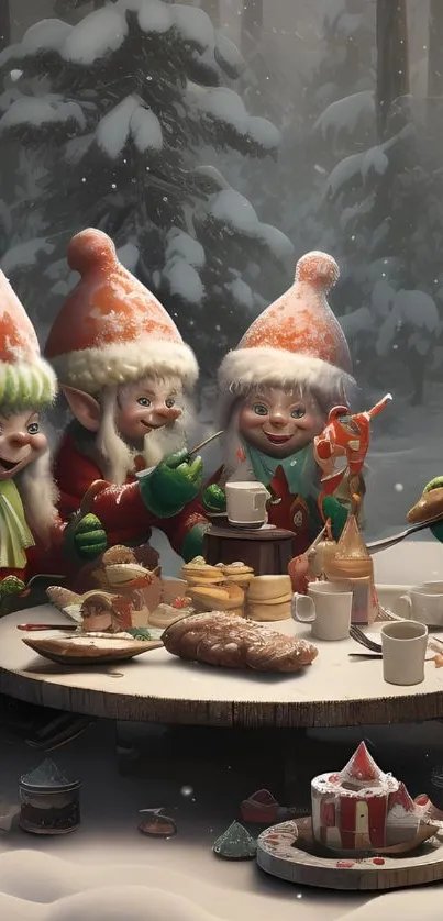Festive winter scene with elves feasting in snow.