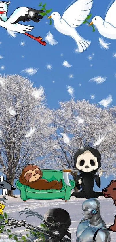 Fantasy winter landscape with whimsical animals and snow-covered trees.