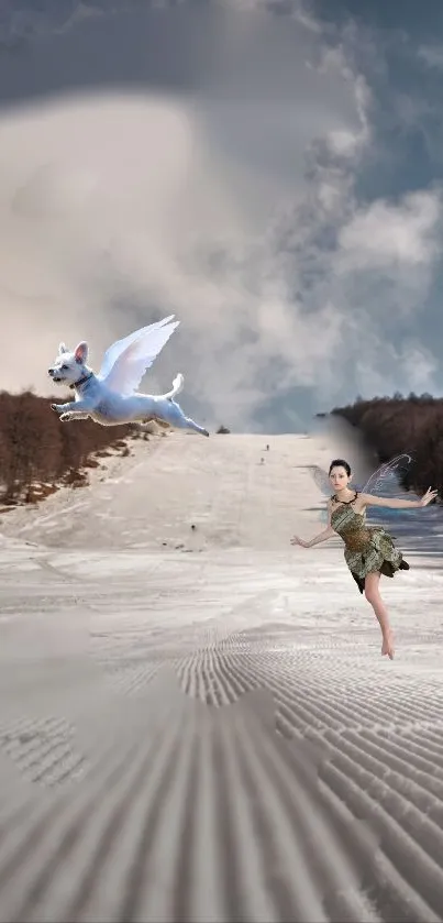 Whimsical winter landscape with fairy and flying dog.