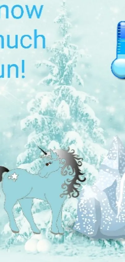 A whimsical winter wallpaper featuring unicorns, snow, and playful elements.