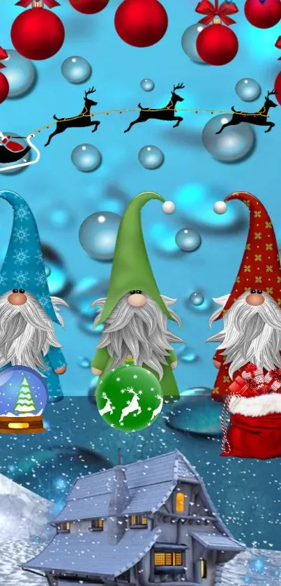 Whimsical winter gnome wallpaper with Santa, gnomes, and festive decorations.