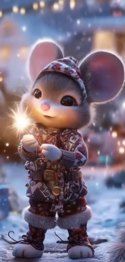 Cute mouse in winter attire holds sparkler in snowy festive scene.