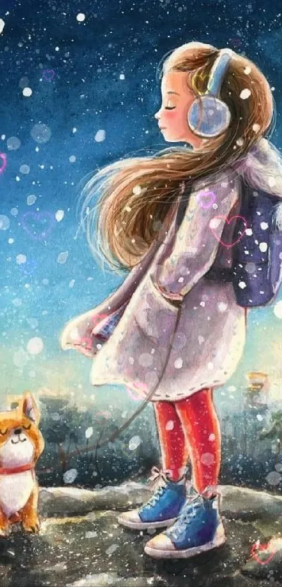 Whimsical winter night wallpaper with a girl and cat under a starry sky.