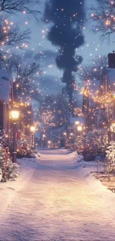 Snowy street with festive lights and a snowman on a winter night.
