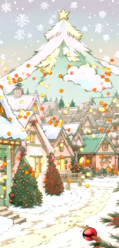 Charming winter village with snow and decorations.