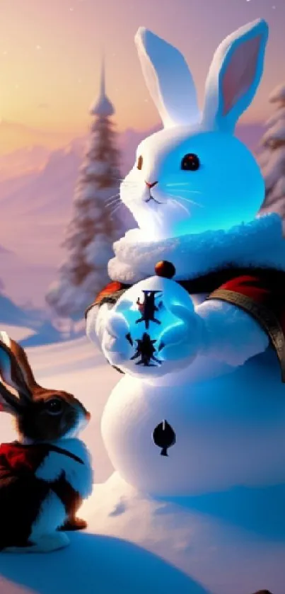 Snowman rabbit and bunny in winter forest under blue sky.