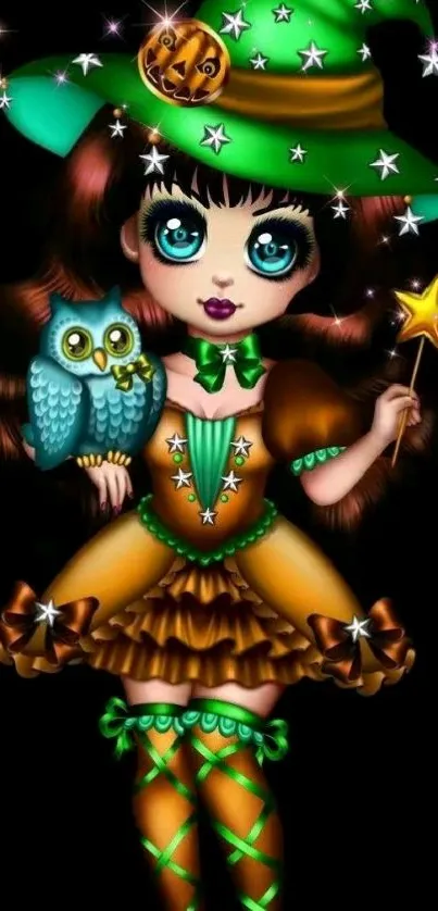 Whimsical witch with owl in vibrant starry scene.