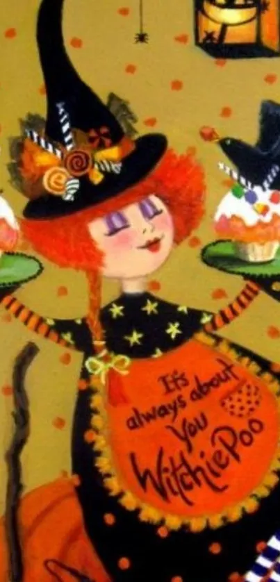 Whimsical witch with cupcakes Halloween wallpaper.