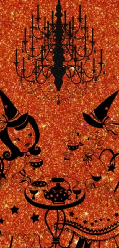 Whimsical witches under a chandelier on a sparkling orange background.