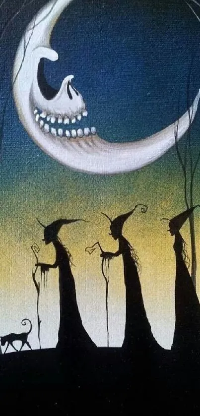 Three witches and cat under a crescent moon in dark, mysterious landscape.