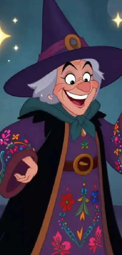 Cartoon wizard in vibrant, colorful attire.