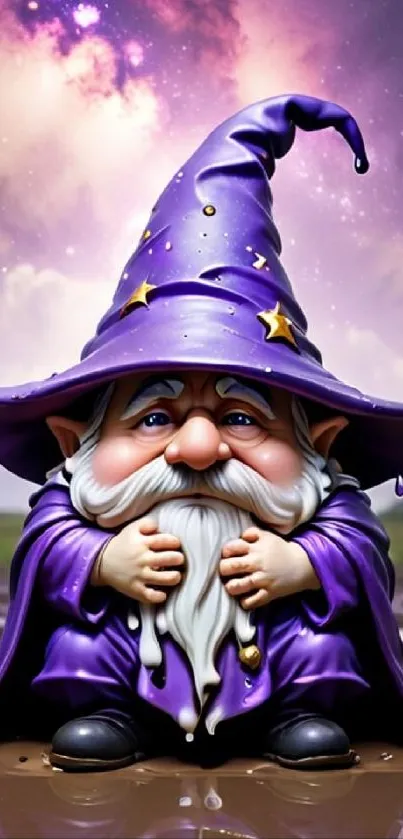 A whimsical wizard gnome in a magical, purple-hued landscape under a starry sky.