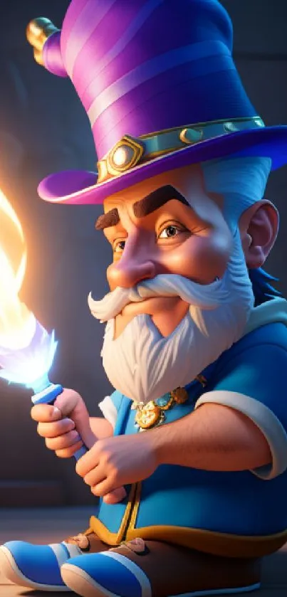 Whimsical wizard holding a flame, cartoon art.