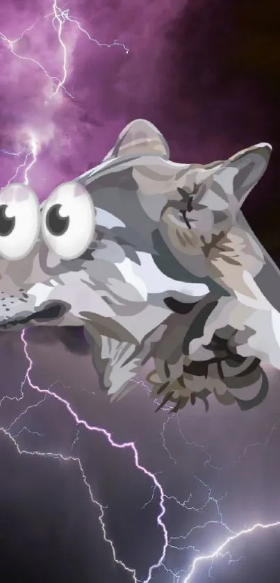 Whimsical wolf with big eyes in a lightning storm wallpaper.