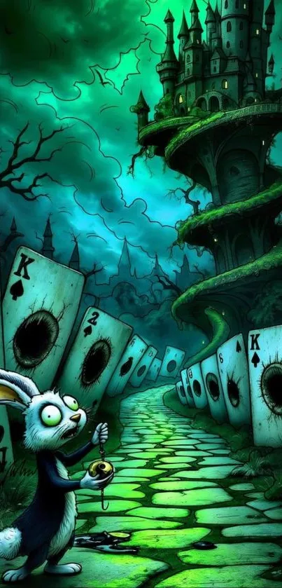 Whimsical wonderland with rabbit and castle in vibrant green tones.