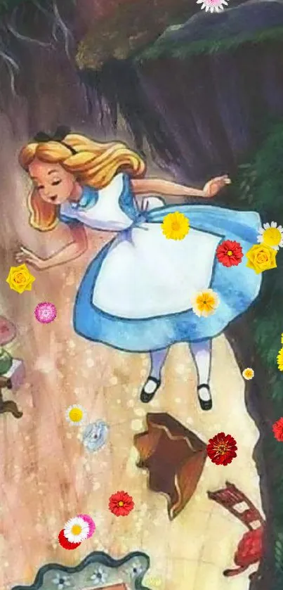 Whimsical illustration of girl in wonderland adventure.