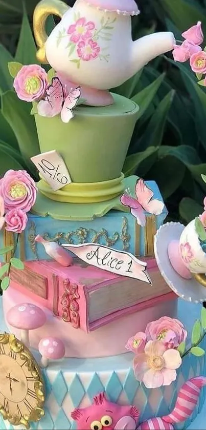 Whimsical Alice in Wonderland cake with floral and teapot decorations.