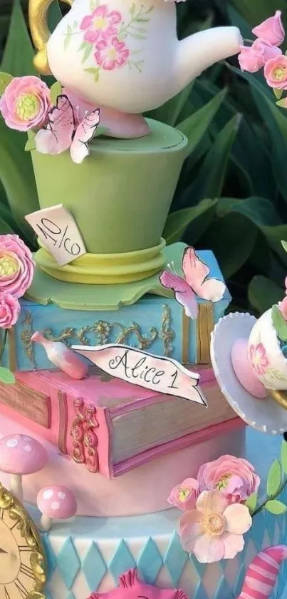 Whimsical Alice in Wonderland cake with teapots and flowers in soft pastel tones.