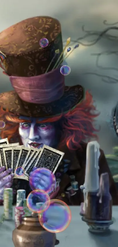 Whimsical wonderland scene with mad hatter and surreal table, vibrant fantasy art.