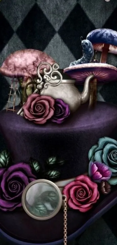 Whimsical hat with roses and mushrooms on a dark background.