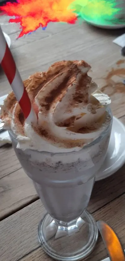 Whipped cream milkshake with vibrant colors and a red straw.