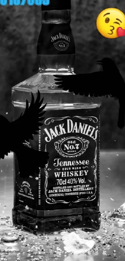 Black and white whiskey bottle with crows and ice splash.