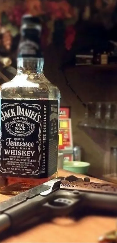 Whiskey bottle beside handgun on a bar counter.