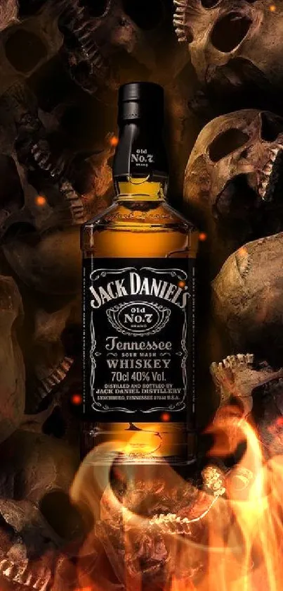 Jack Daniel's whiskey bottle with skulls background, dark and edgy wallpaper.