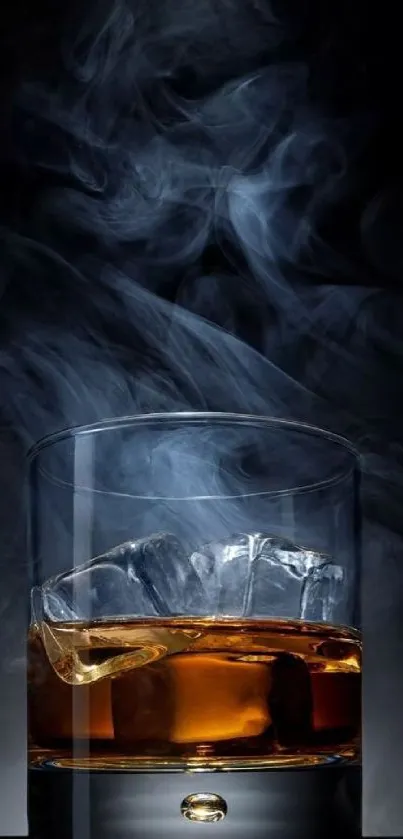 Glass of whiskey with smoke rising in a dark background.