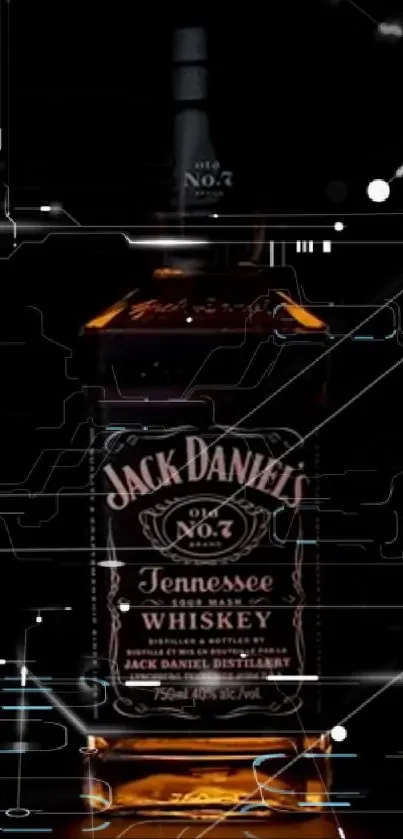 Mobile wallpaper with whiskey bottle and tech design on a dark background.