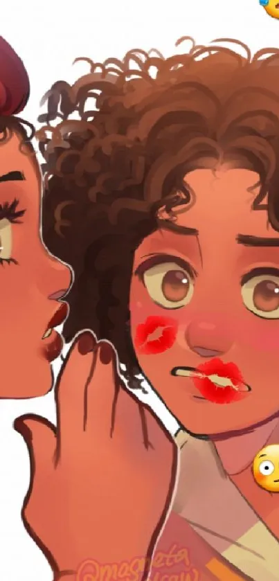 Curly-haired characters whispering with expressive emojis.