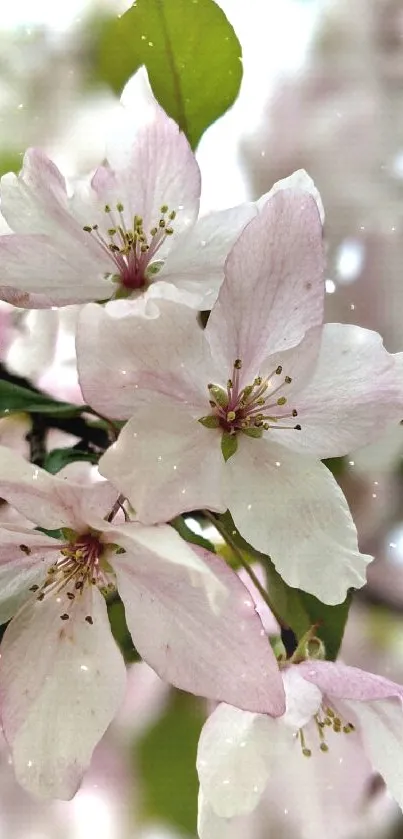 White and pink cherry blossoms with green leaves in soft focus background.