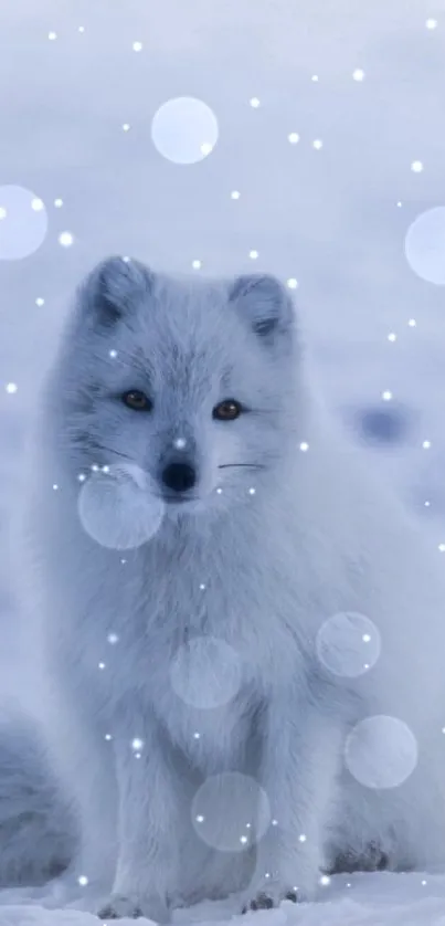 White arctic fox in snowy landscape with falling snowflakes.