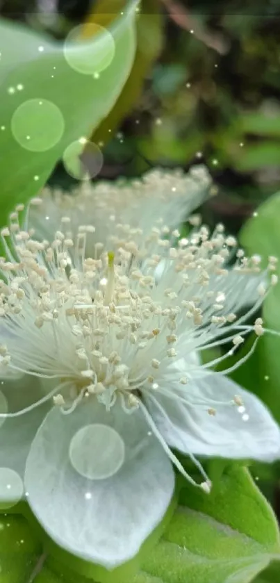 Close-up of white flower with green leaves and bokeh background.