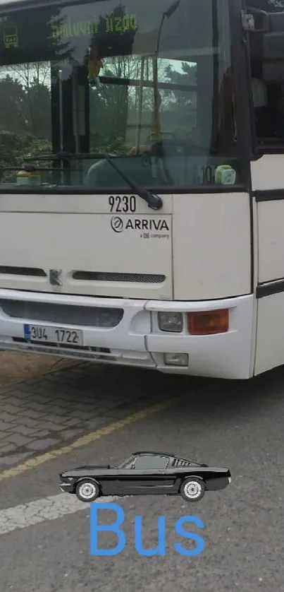 White bus parked on a city road with overcast skies.