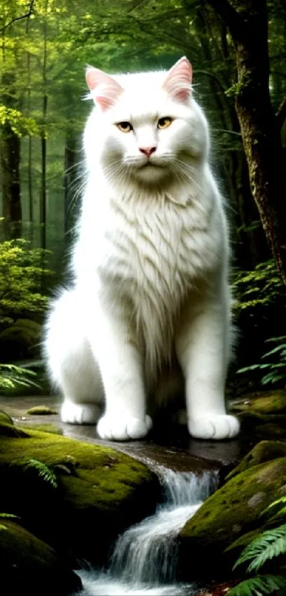 Majestic white cat in an enchanted forest by a stream.