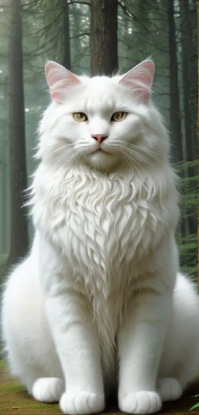 White cat sitting in a serene forest setting, exuding elegance and tranquility.