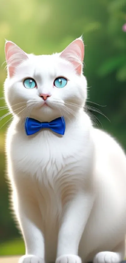 White cat with blue eyes and bow tie in a lush garden scene, mobile wallpaper.