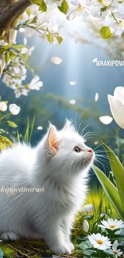 White cat sitting in a lush flower garden