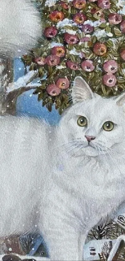 White cat in a snowy village with floral tree background.