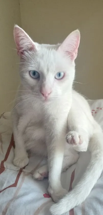 A white cat with blue eyes sitting on a cozy cushion.