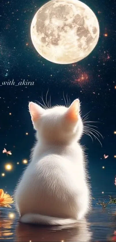 White kitten gazing at a full moon with flowers and stars.