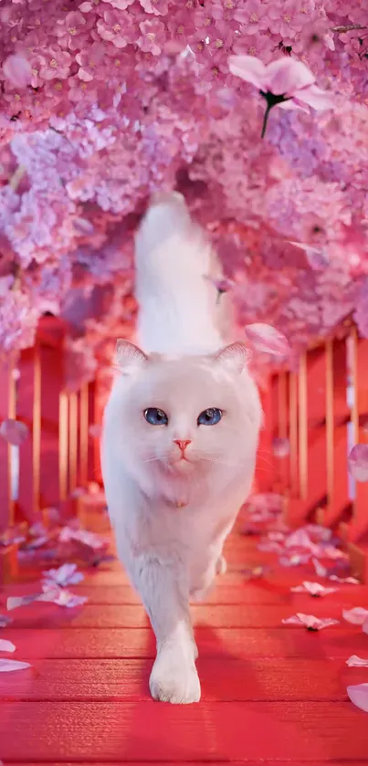 White cat walking under pink blossoms in a vivid, nature-inspired scene.