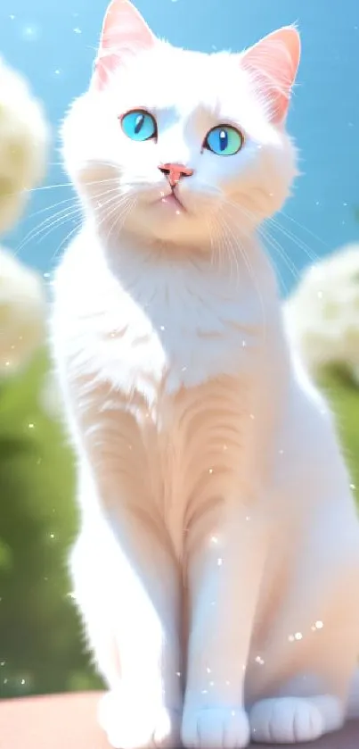 Beautiful white cat with blue eyes against a floral background.