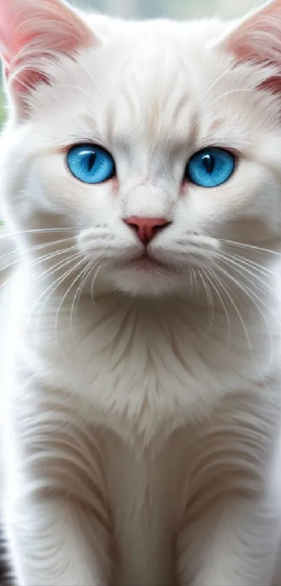 White cat with blue eyes standing by a window in a serene setting.