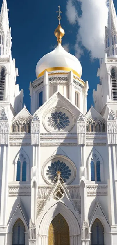 Elegant white cathedral with spires against a blue sky.