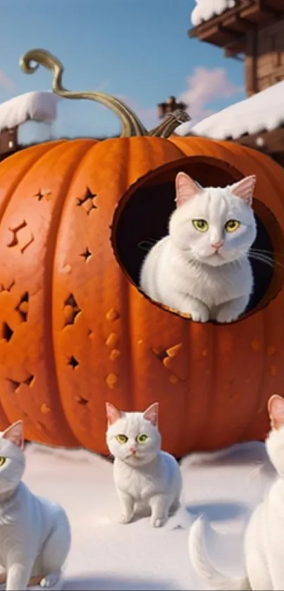 White cats in an orange pumpkin with snow scene backdrop.